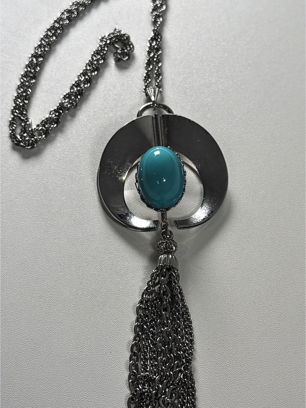 Vintage MCM Silver Tone Faux Turquoise Naja Crescent Tassel Pendant Necklace